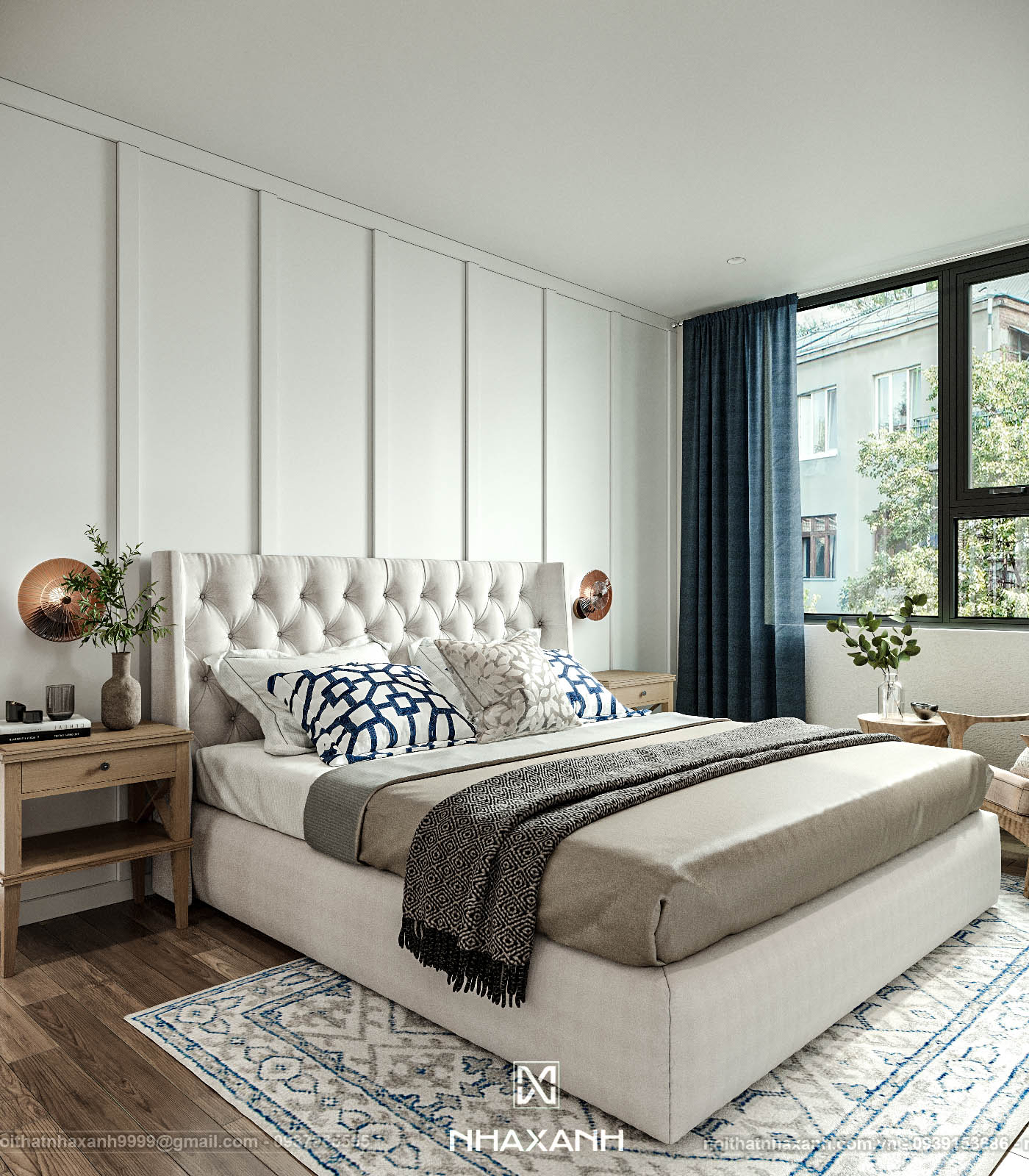nội thất phòng ngủ đều mang một hơi hướng hơi cổ điển với chất liệu gỗ công nghiệp